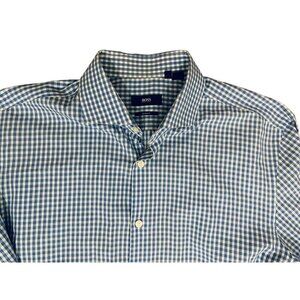 Men' Hogo Boss Blue White Checkered Button Down Long Sleeve Shirt Size 16.5